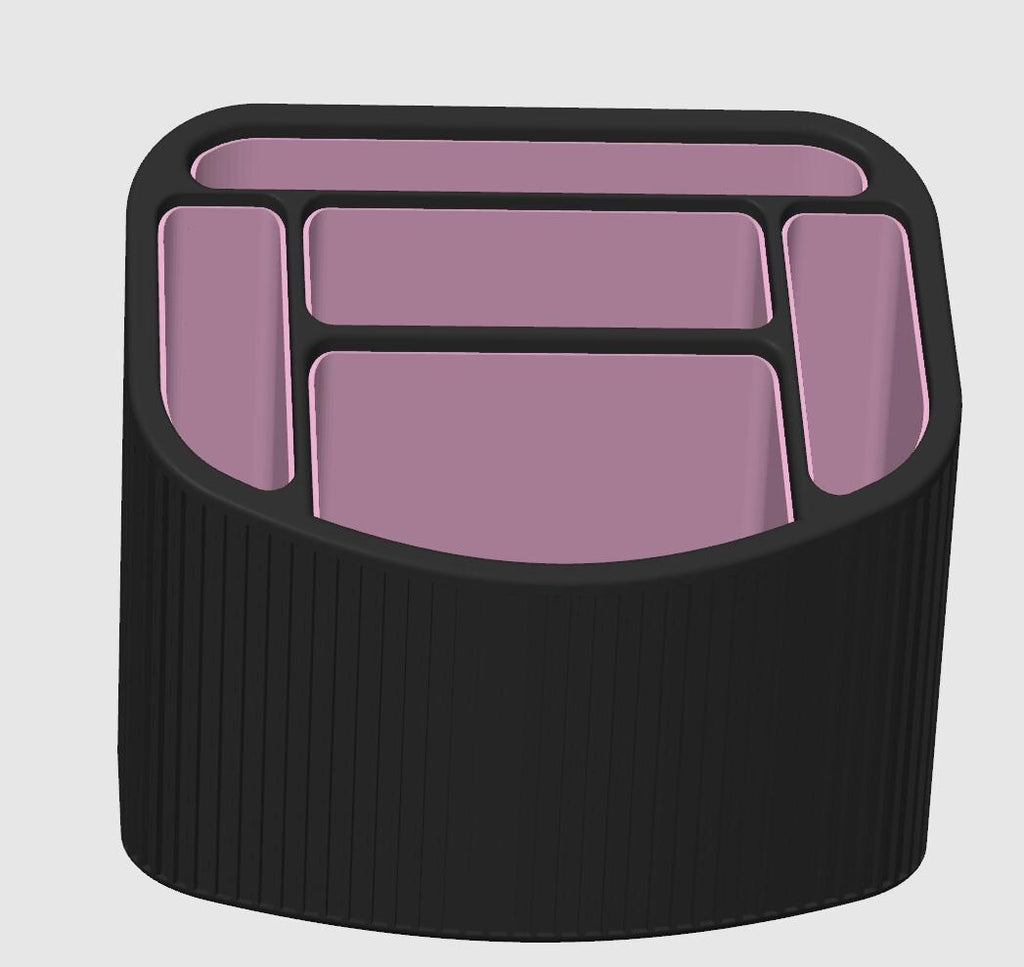 3D-Rendering des Organizers in Schwarz mit rosa-malvenfarbener Fächer-Innenauskleidung, freigestellt vor neutralem Hintergrund