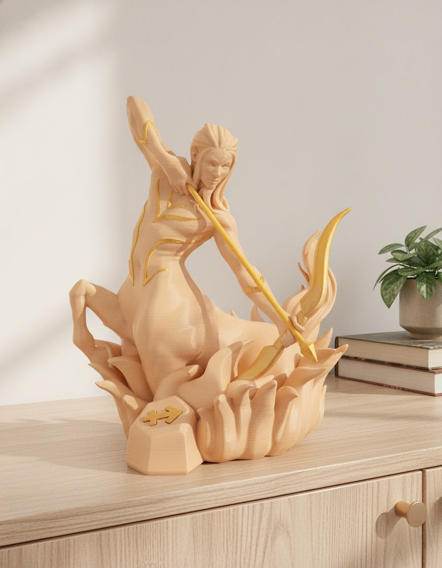 Cremefarbene Schütze-Zentaur-Sternzeichen-Skulptur mit Pfeil und Bogen, frontale Ansicht auf hellem Holzsideboard vor weißer Wand, mit Bücherstapel und Grünpflanze im unscharfen Hintergrund – Münch3D 3D-Druck