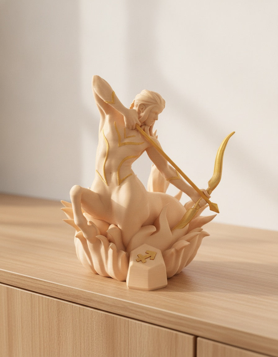 Cremefarbene Schütze-Zentaur-Skulptur, Rückansicht mit erhobenem Arm und goldenen Verzierungen, auf hellem Holzsideboard mit unscharfem Hintergrund