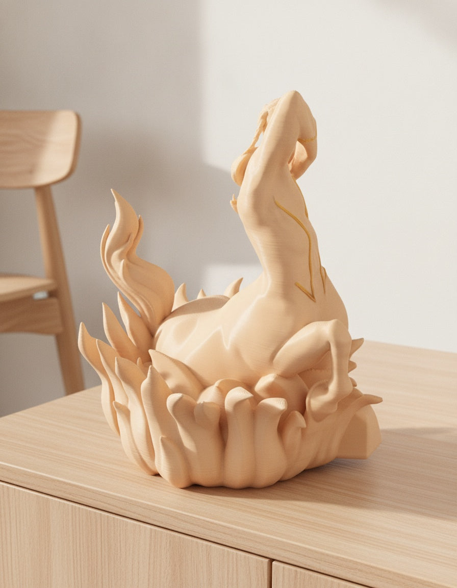 Cremefarbene Schütze-Zentaur-Skulptur von hinten mit Bogen und wehendem Haar, auf hellem Holzsideboard mit unscharfem Hintergrund
