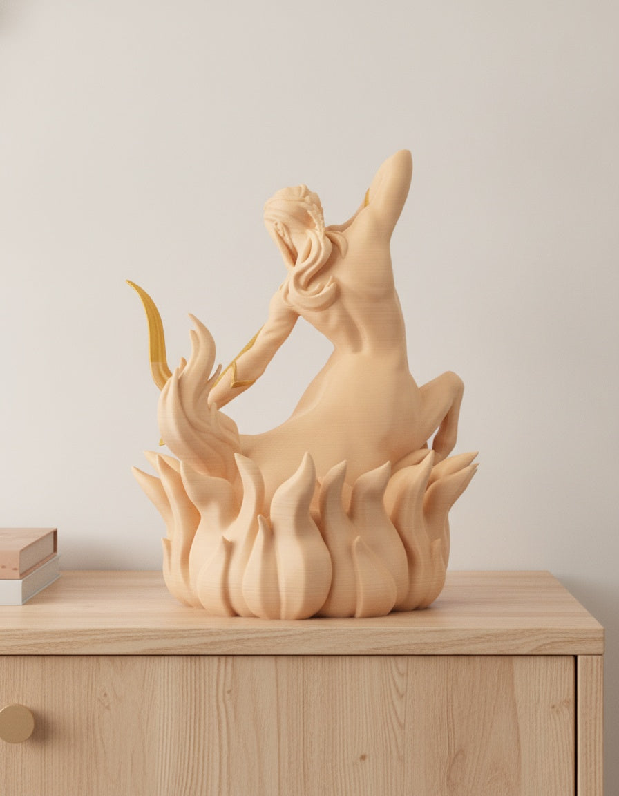 Cremefarbene Schütze-Zentaur-Skulptur, seitliches Profil mit gespanntem Bogen, auf hellem Holzsideboard mit unscharfem Hintergrund