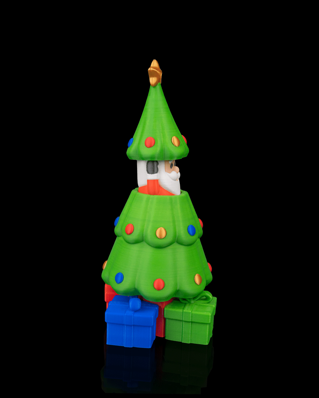 Secret Santa Weihnachtsbaum, Weihnachtsmann nur angedeutet unter der Baumspitze sichtbar, 2 Geschenke am Fuß – Münch3D