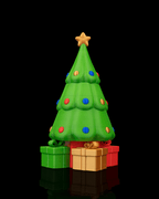 Secret Santa Weihnachtsbaum geschlossen, grüner Baum mit goldenem Stern und bunten Kugeln, 3 Geschenke am Fuß – Münch3D