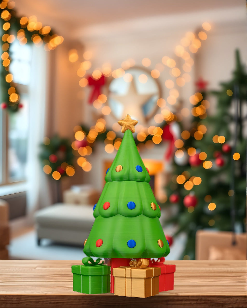 Pop-up-Weihnachtsbaum mit verstecktem Weihnachtsmann, geschlossene Ansicht, auf Holzregal, weihnachtliche Girlande und Lichterkette im Hintergrund