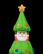 Secret Santa Weihnachtsbaum, Nahaufnahme Weihnachtsmann-Gesicht unter der Baumspitze – Münch3D