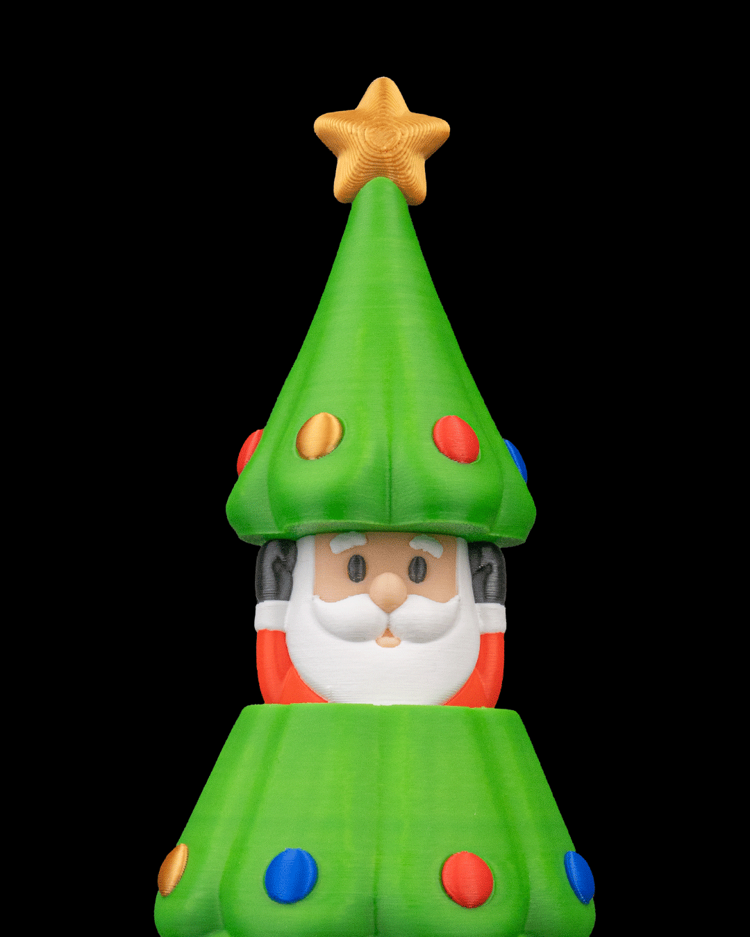 Secret Santa Weihnachtsbaum, Nahaufnahme Weihnachtsmann-Gesicht unter der Baumspitze – Münch3D