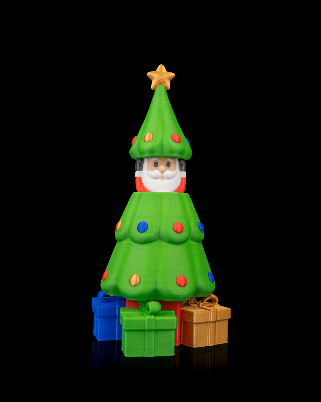 Secret Santa Weihnachtsbaum, Weihnachtsmann taucht mit sichtbarem Gesicht aus der Baumspitze auf, 3 Geschenke am Fuß, 19 cm – Münch3D