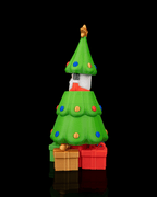 Secret Santa Weihnachtsbaum, Rückansicht schräg mit Weihnachtsmann-Rücken, 3 Geschenke am Fuß vor Schwarz – Münch3D