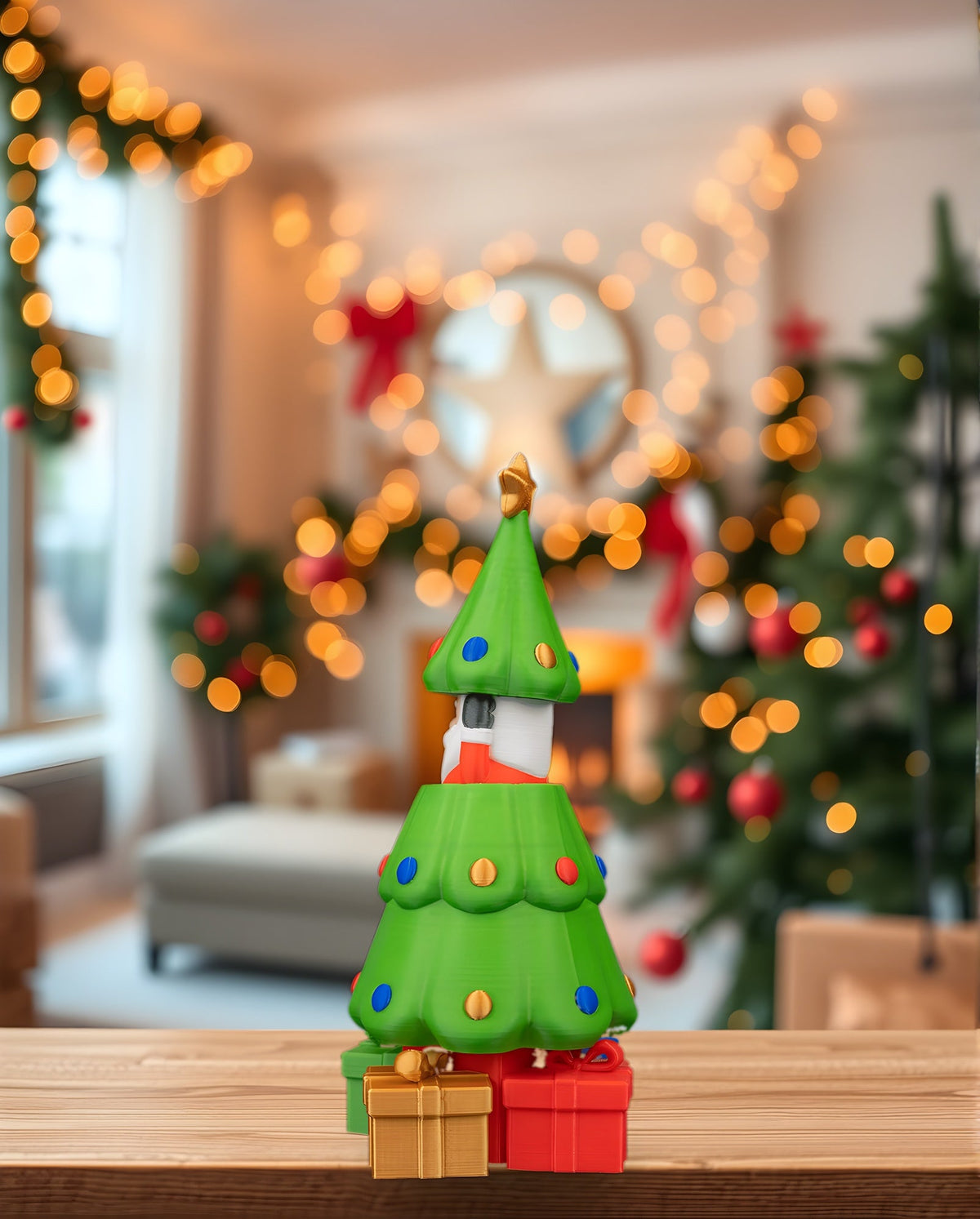 Pop-up-Weihnachtsbaum mit verstecktem Weihnachtsmann, Rückansicht schräg, auf Holzregal, weihnachtliche Girlande und Lichterkette im Hintergrund