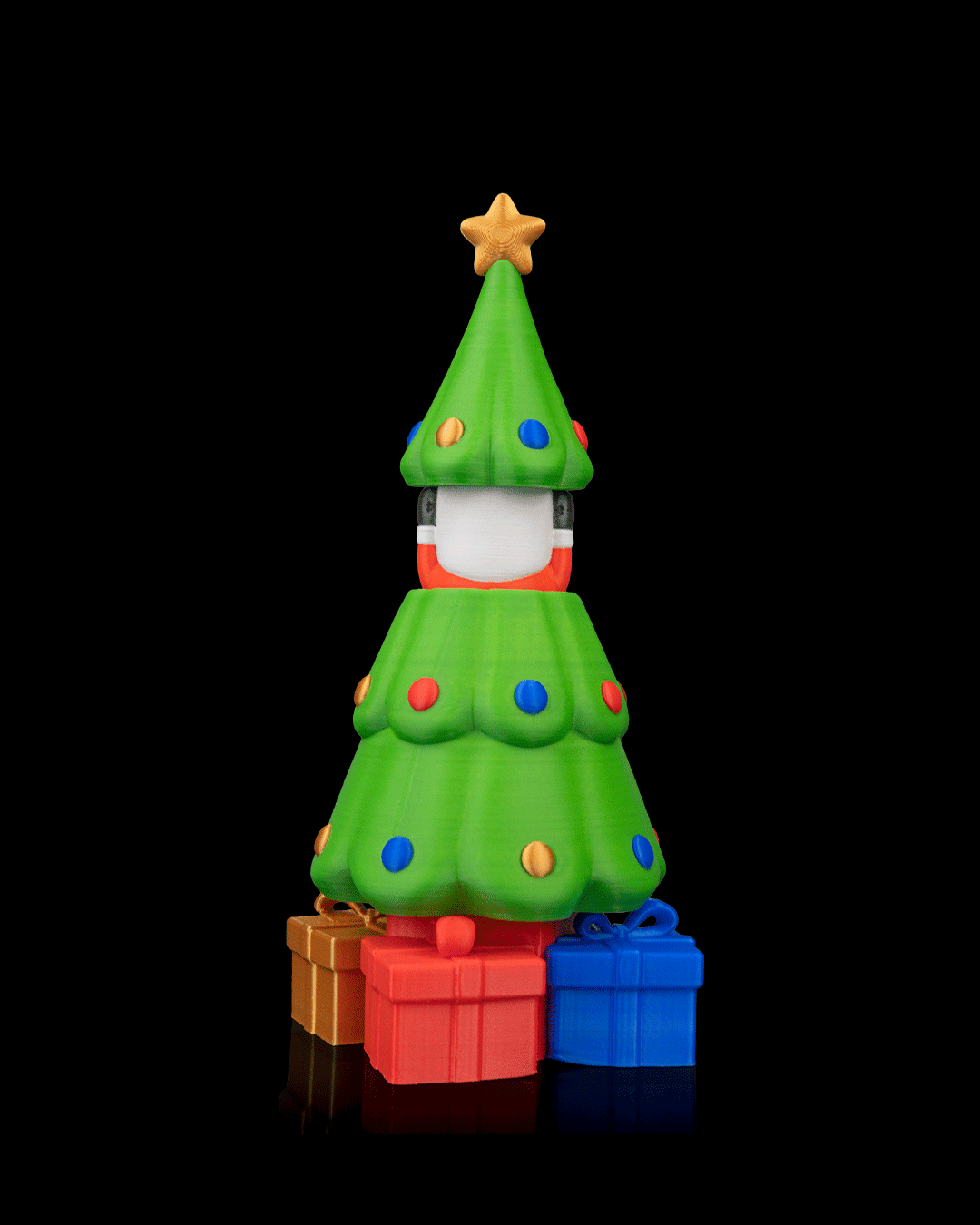 Secret Santa Weihnachtsbaum, Rückansicht mit Weihnachtsmann-Rücken unter der Baumspitze, 3 Geschenke am Fuß vor Schwarz – Münch3D