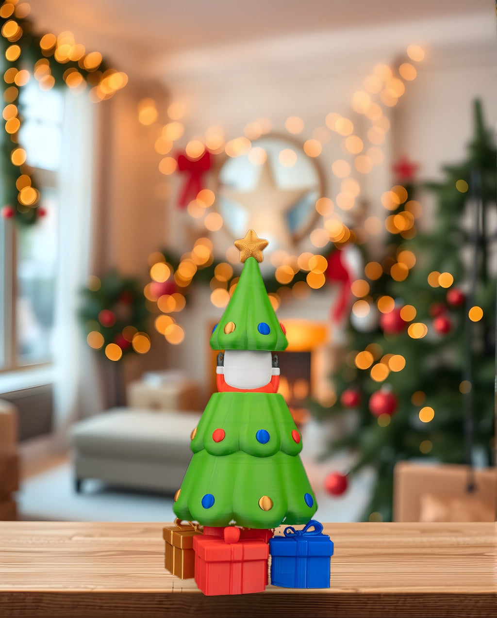 Pop-up-Weihnachtsbaum mit verstecktem Weihnachtsmann, Rückansicht, auf Holzregal, weihnachtliche Girlande und Lichterkette im Hintergrund