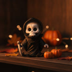 Kleine Chibi-Sensenmann-Figur aus 3D-Druck mit schwarzer Kapuze, weißem Totenkopf und grauer Sense, sitzt auf einem Holzregal zwischen Halloween-Kürbissen und Herbstblättern.