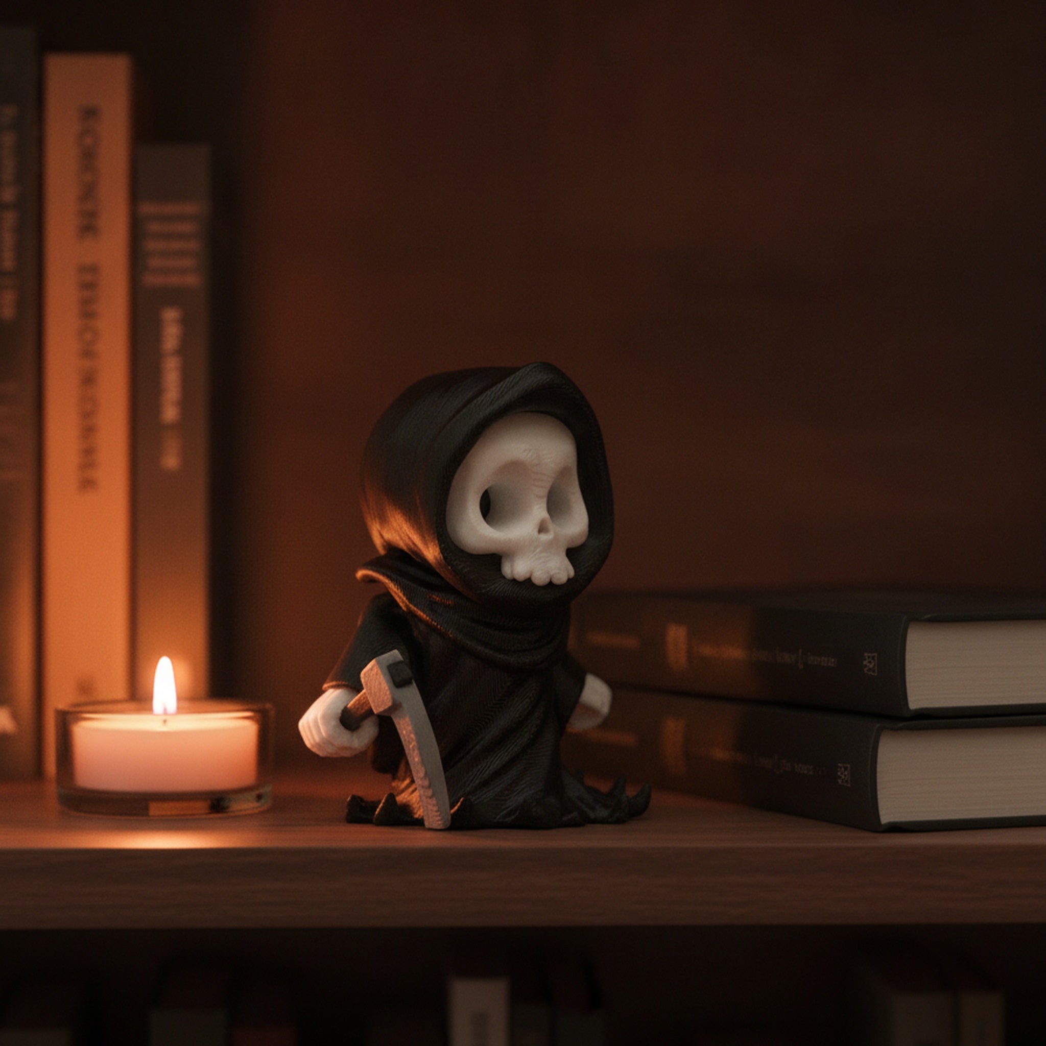 Sensenmann-Schlüsselanhänger-Figur mit Sense in der Hand, steht neben einer brennenden Kerze vor gestapelten Büchern – Gothic-Deko fürs Bücherregal.