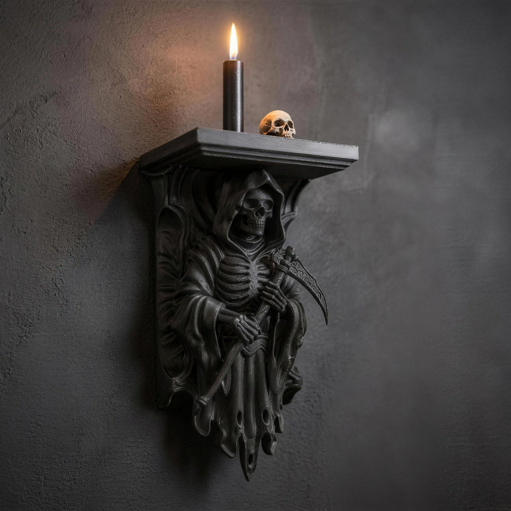 Black Grim Reaper wall shelf styled with a burning candle and decorative skull on top