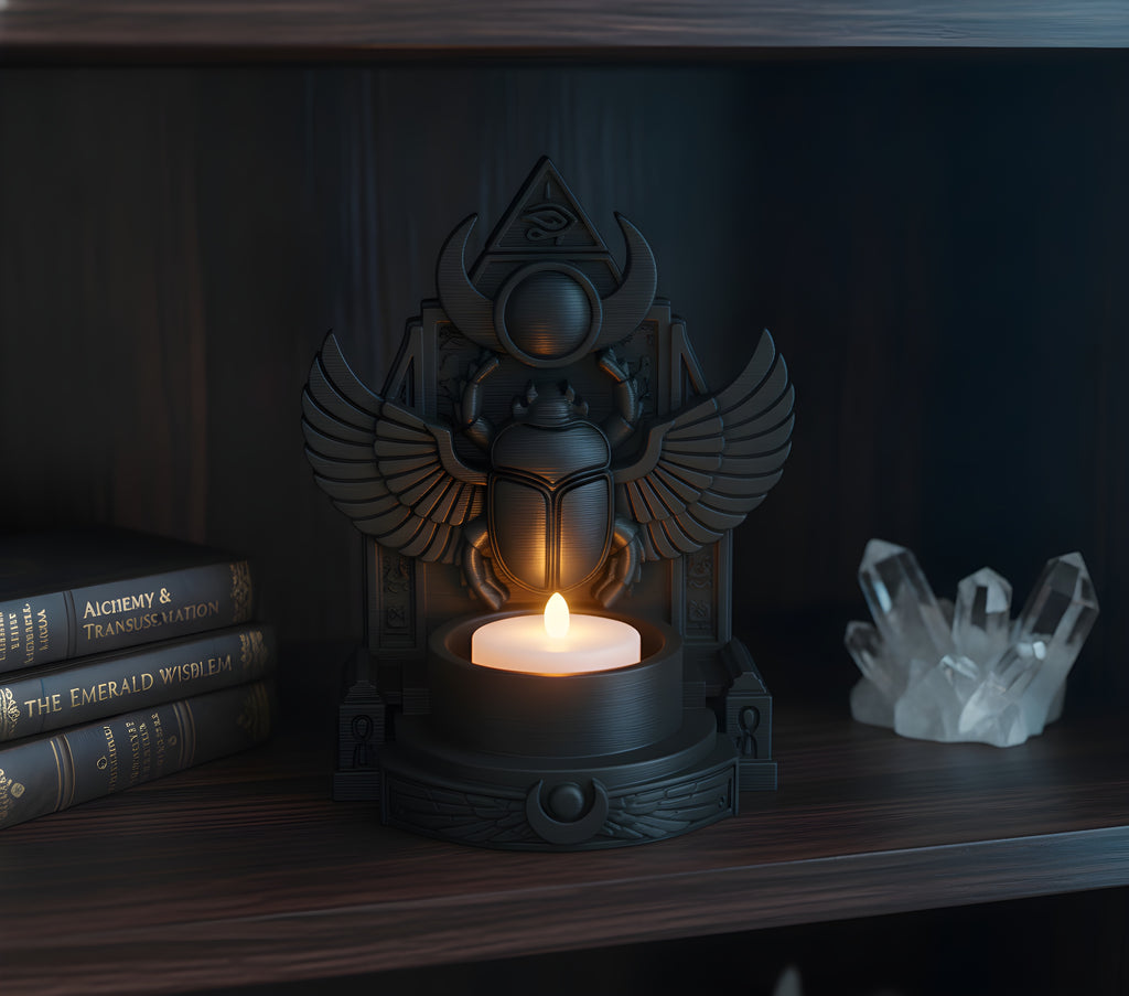 Schwarzer geflügelter Skarabäus-Teelichthalter im Bücherregal zwischen okkulten Büchern und einem Bergkristall-Cluster, LED-Teelicht leuchtet