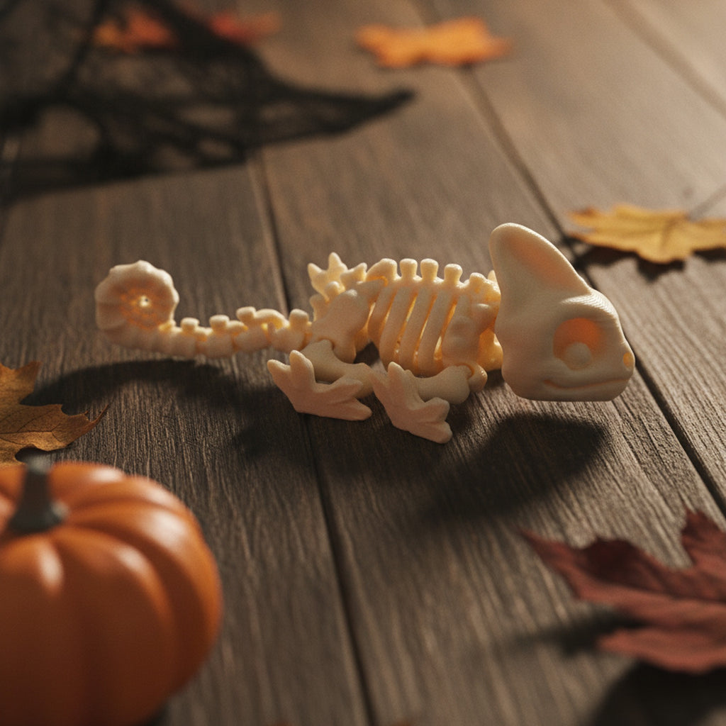 Skelett-Chamäleon-Figur in Detailaufnahme mit Fokus auf dem spiralig eingerollten Schwanz im Vordergrund, Helmkopf im Hintergrund, Halloween-Tischdeko mit Kürbis und Spinnennetz