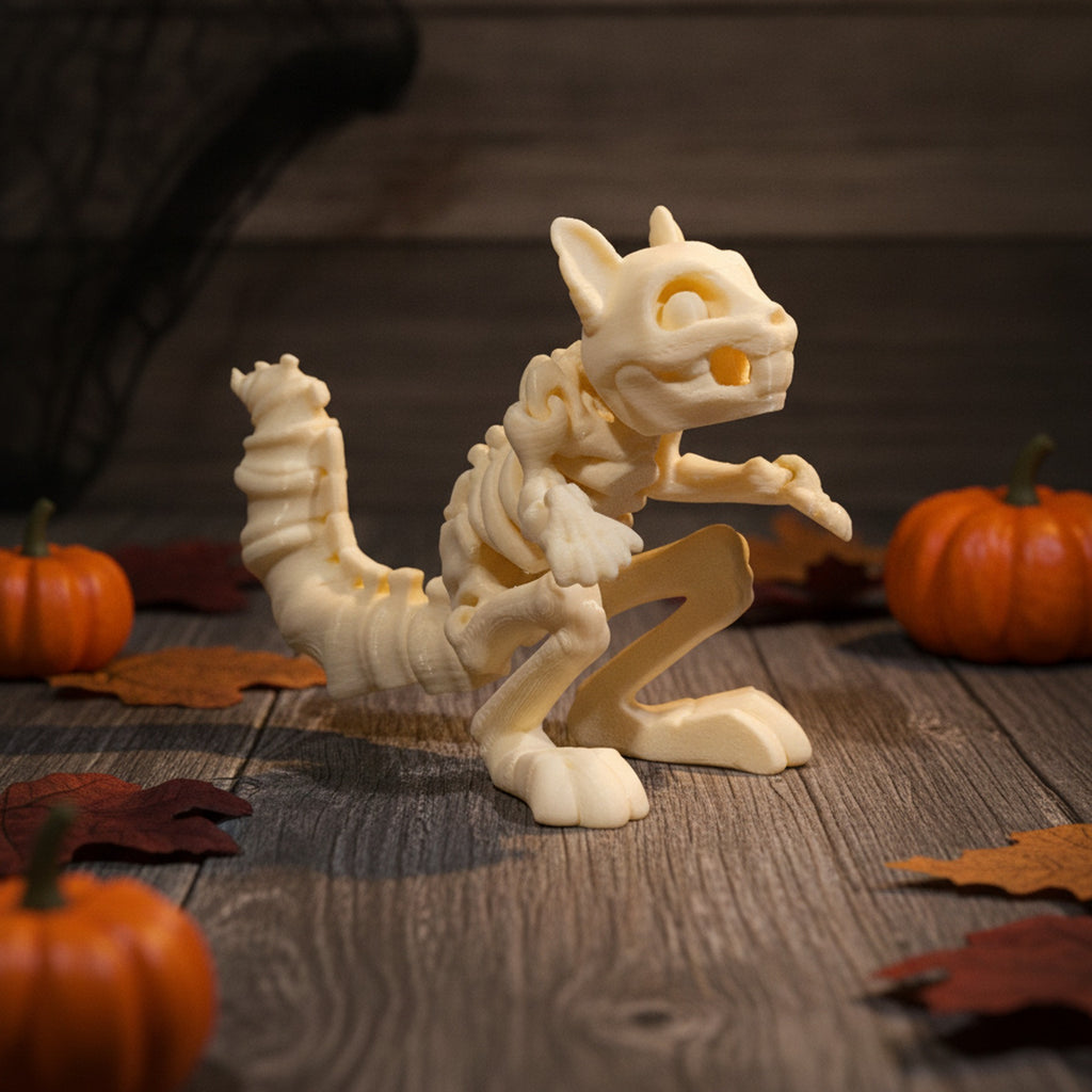 Skelett-Eichhörnchen-Figur in Knochenfarbe auf dunklem Holztisch, Dreiviertelansicht zwischen Mini-Kürbissen und Herbstlaub, Spinnennetz-Deko im Hintergrund
