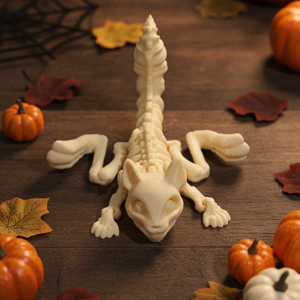 Skelett-Eichhörnchen-Figur von vorne mit ausgestreckten Beinen und aufrecht stehendem Wirbelschwanz, Halloween-Tischdeko mit Kürbissen und Herbstblättern