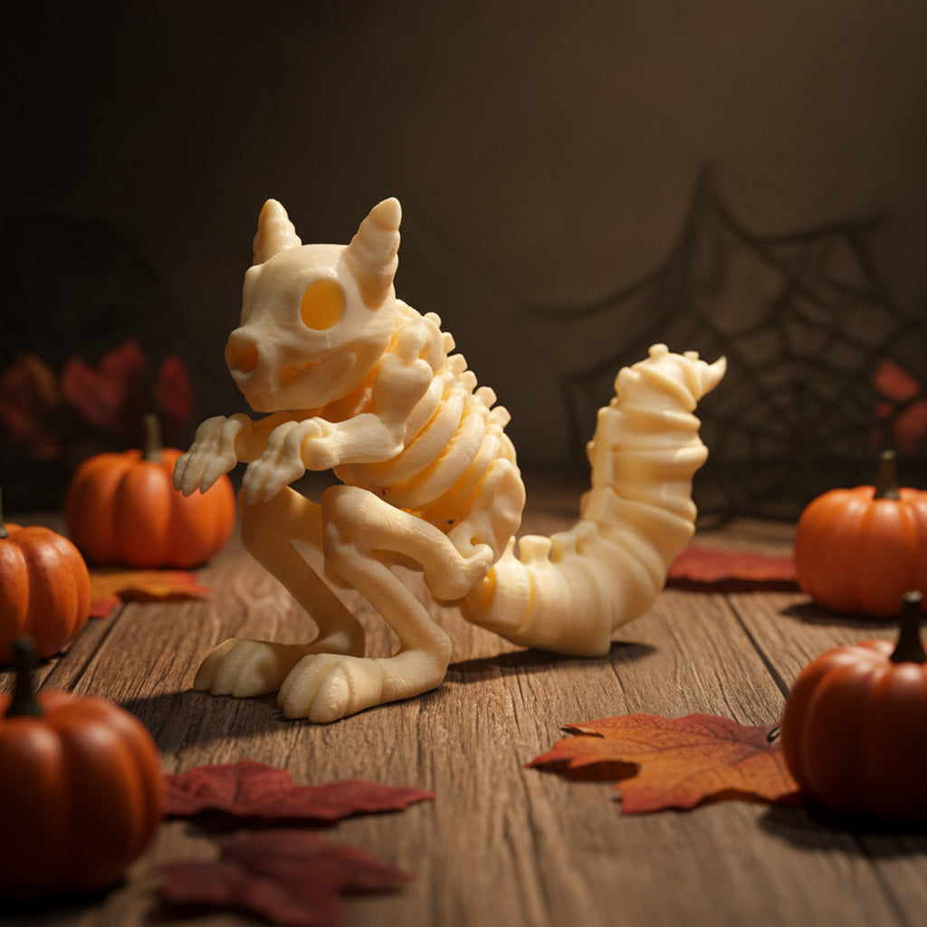 Skelett-Eichhörnchen-Figur in niedriger Seitenansicht mit hoch geringeltem Schwanz, umgeben von Mini-Kürbissen und Herbstlaub auf Holzdielen