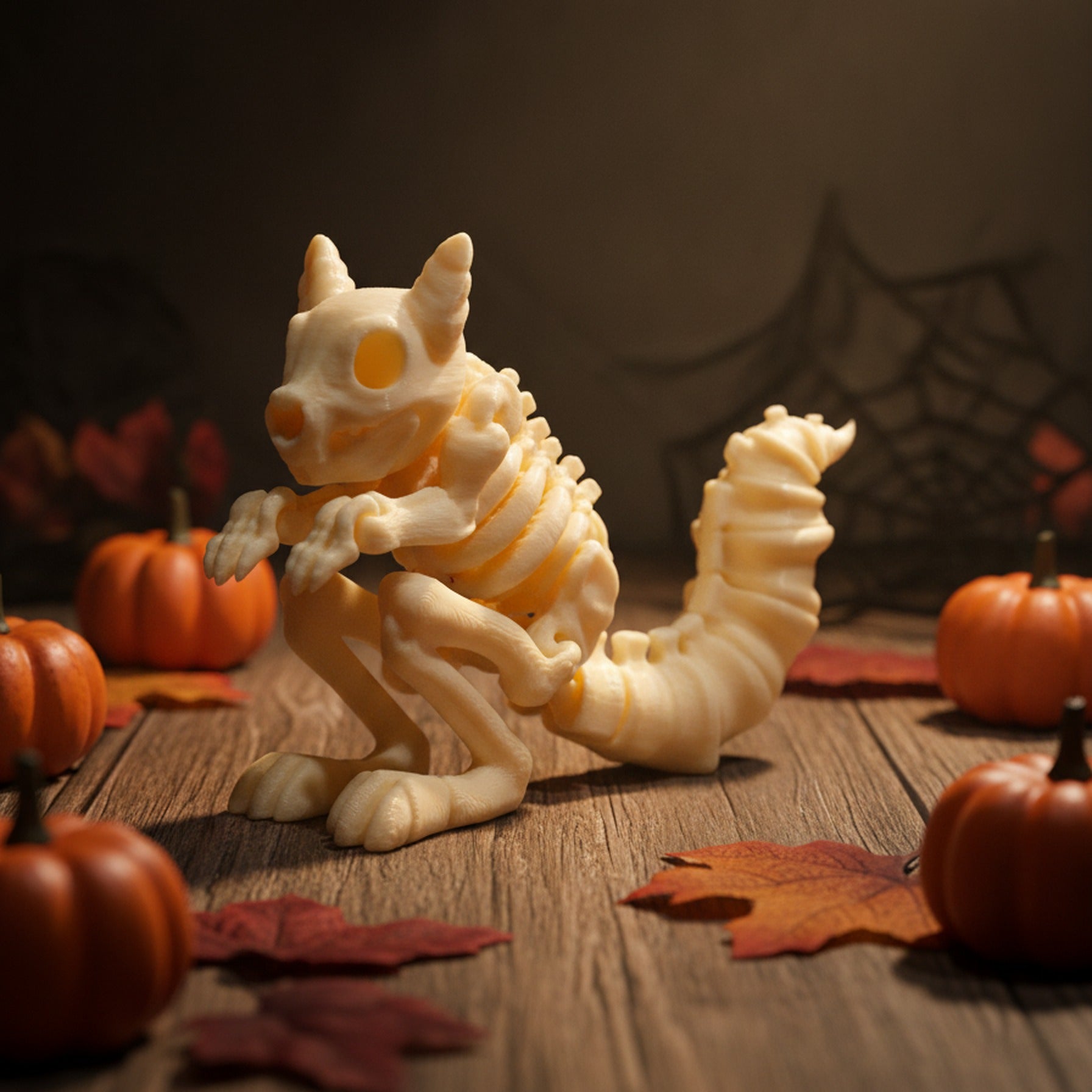 Skelett-Eichhörnchen-Figur in niedriger Seitenansicht mit hoch geringeltem Schwanz, umgeben von Mini-Kürbissen und Herbstlaub auf Holzdielen