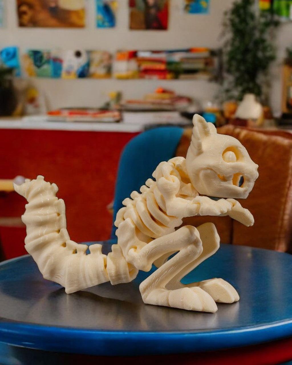 Skelett-Eichhörnchen-Figur auf blauem Holztisch in einem Wohnzimmer, echter Größenvergleich im Raum