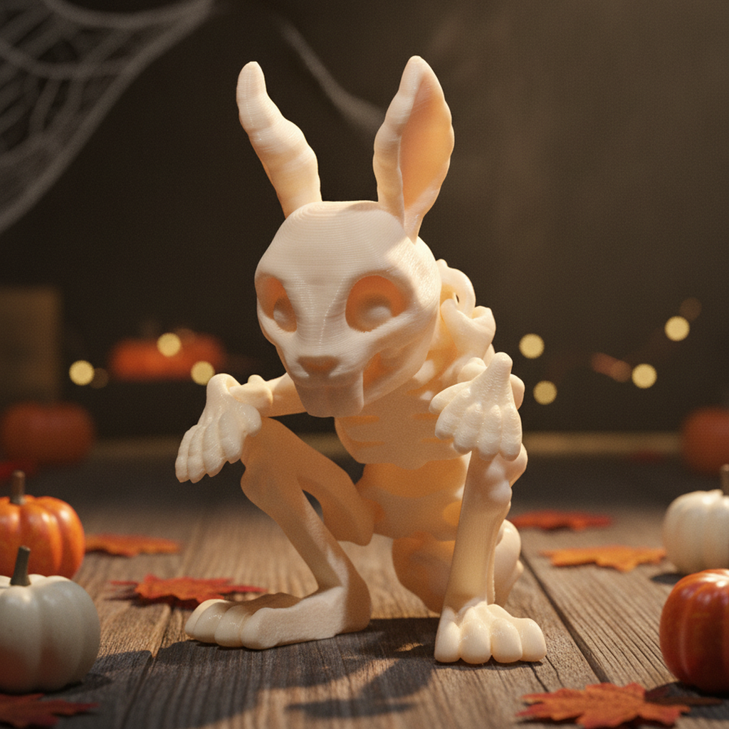 Skelett-Hase Figur in Halloween-Tischdeko-Szene, kauernd mit aufgestellten Ohren zwischen Kürbissen, Herbstlaub und Spinnennetz
