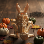 Skelett-Hase Figur von oben fotografiert, Ohren aufgestellt, umringt von orangen, weißen und grünen Mini-Kürbissen und Herbstblättern