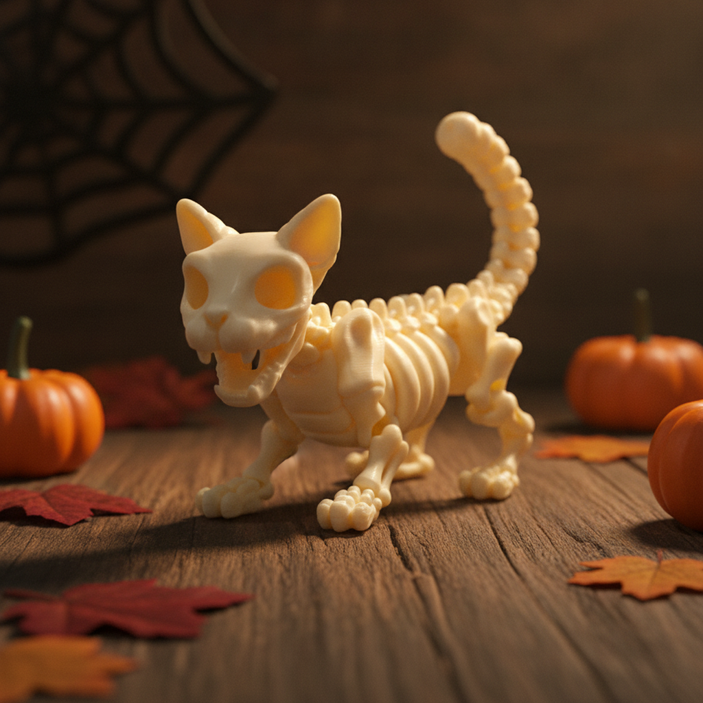 Skelett-Katze-Figur in geduckter Pounce-Haltung von vorn mit hoch aufgestelltem Schwanz, auf Holztisch mit Kürbissen, Herbstlaub und Spinnennetz-Ecke im Hintergrund