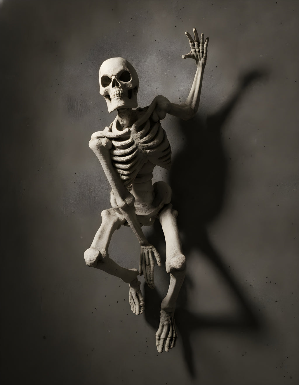 Skelett-Wanddeko 'The Skull' in gealterter Knochenoptik, Detailansicht von Schädel und Rippenbogen, direkt an dunkler Betonwand montiert mit dramatischem Spotlight und sichtbarem Schlagschatten auf der Wand