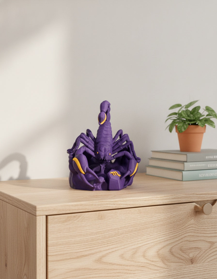 Lila Skorpion-Sternzeichen-Skulptur mit erhobenem Stachel, frontale Ansicht auf hellem Holzsideboard vor weißer Wand, mit Bücherstapel und Grünpflanze im unscharfen Hintergrund – Münch3D 3D-Druck