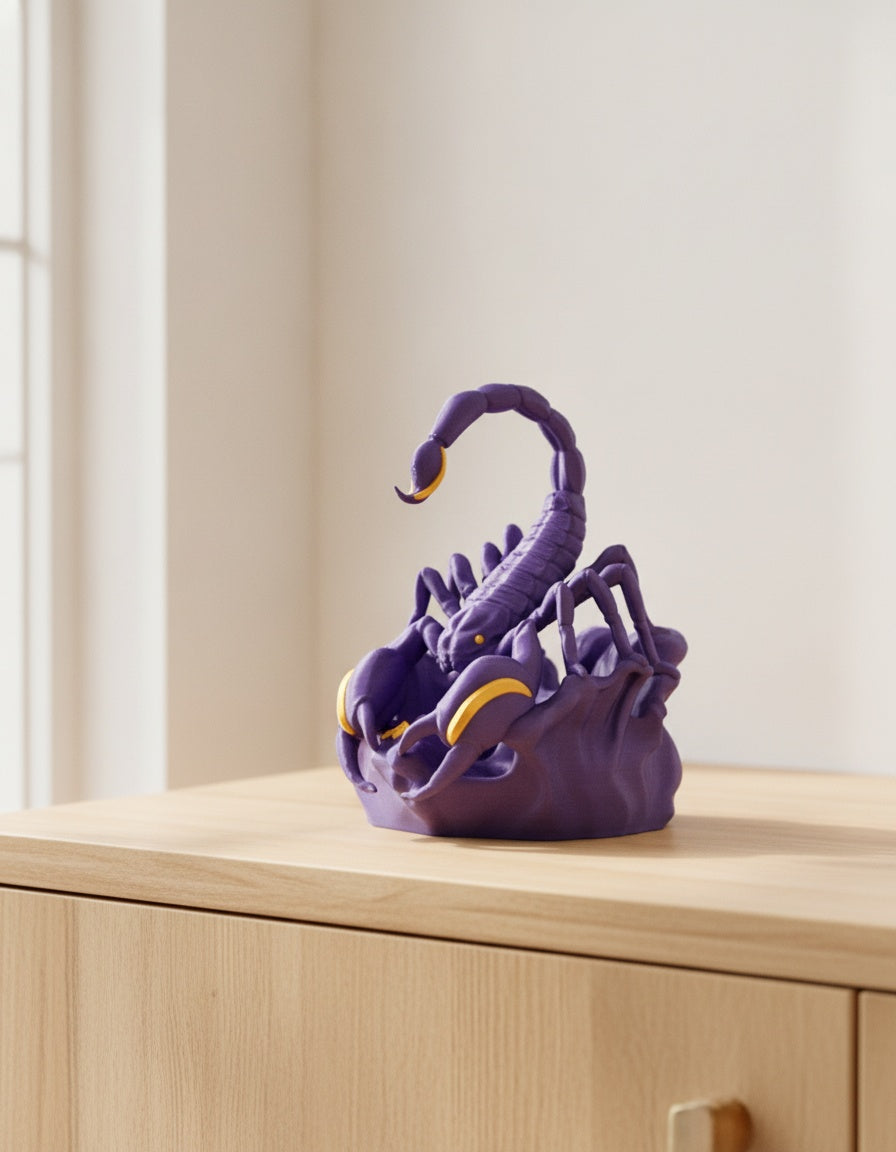 Lila Skorpion-Skulptur, seitliche Ansicht mit gekrümmtem Stachel, auf hellem Holzsideboard mit unscharfem Hintergrund
