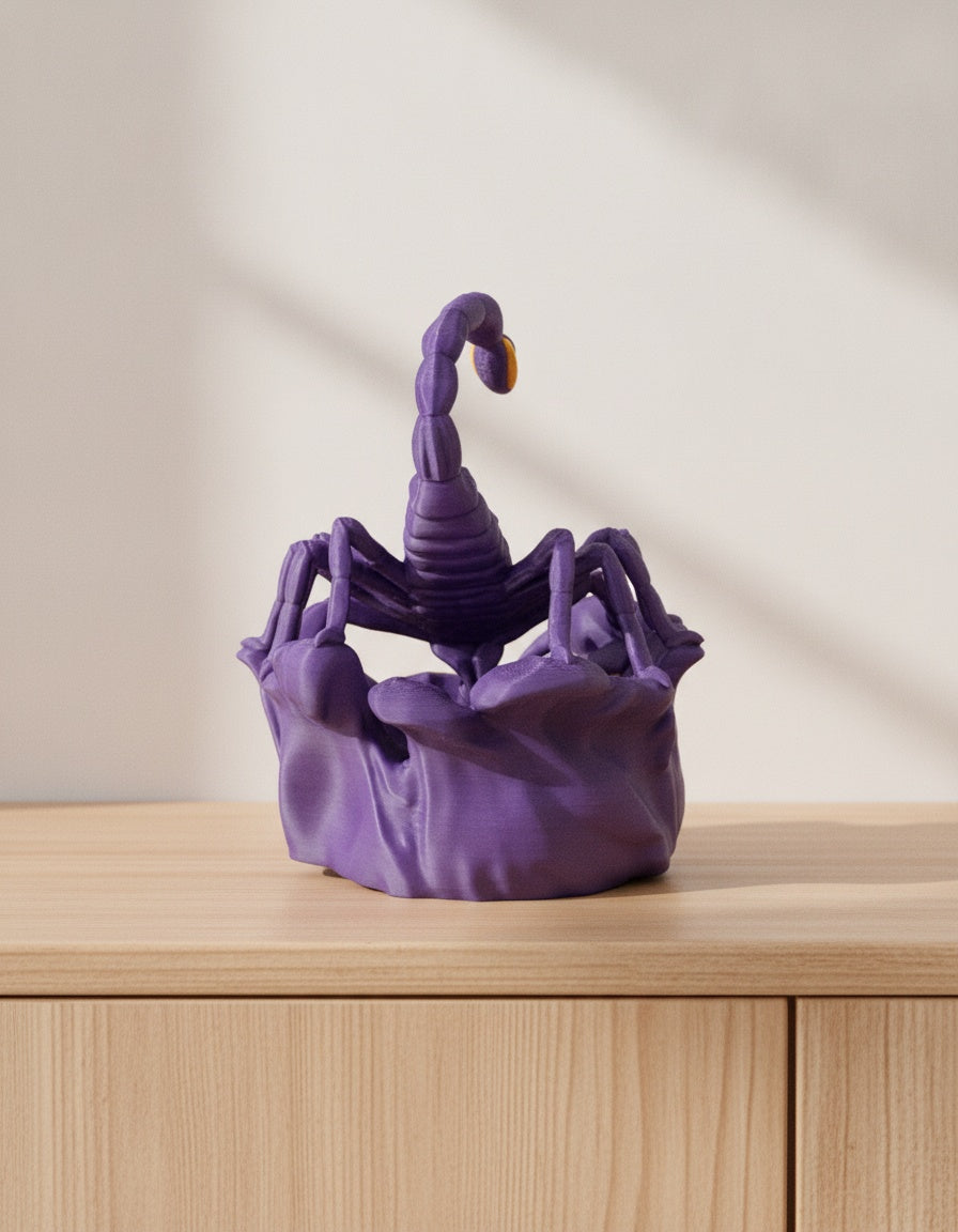 Lila Skorpion-Skulptur, Dreiviertelansicht mit dramatisch gekrümmtem Stachel, auf hellem Holzsideboard mit unscharfem Hintergrund
