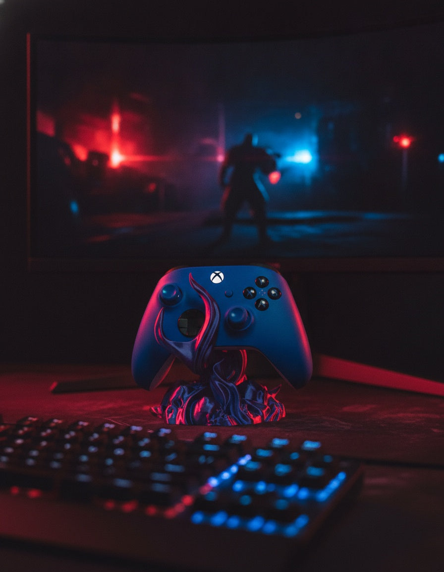 Skullflame Controller-Halter in Blau-Lila mit blauem Xbox-Controller, auf dunklem Gaming-Schreibtisch mit rot-violettem RGB-Licht und Mechanik-Tastatur im Vordergrund, unscharfer Gaming-Monitor im Hintergrund