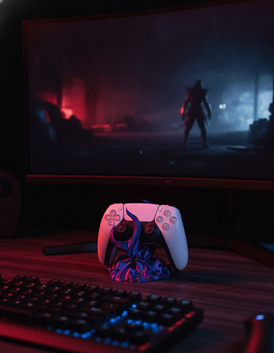 Skullflame Controller-Halter in Blau-Lila mit weißem PS5-Controller, auf dunklem Gaming-Schreibtisch mit rot-violettem RGB-Licht und Mechanik-Tastatur im Vordergrund, unscharfer Gaming-Monitor im Hintergrund
