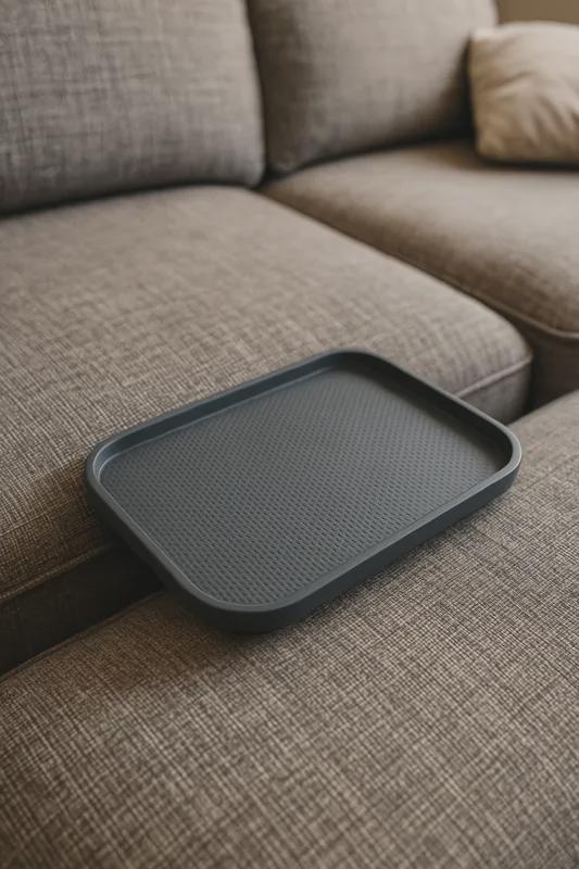 Leeres dunkelgraues Sofatablett mit geriffelter Oberfläche in Nahaufnahme auf Couch-Armlehne, kein Handyständer-Einsatz sichtbar