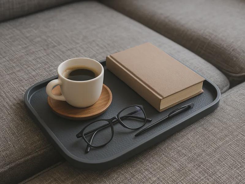 Dunkelgraues Sofatablett mit Kaffeetasse auf Holzuntersetzer, beigefarbenem Buch, schwarzer Brille und Kugelschreiber, auf grauer Couch aus leicht anderem Blickwinkel