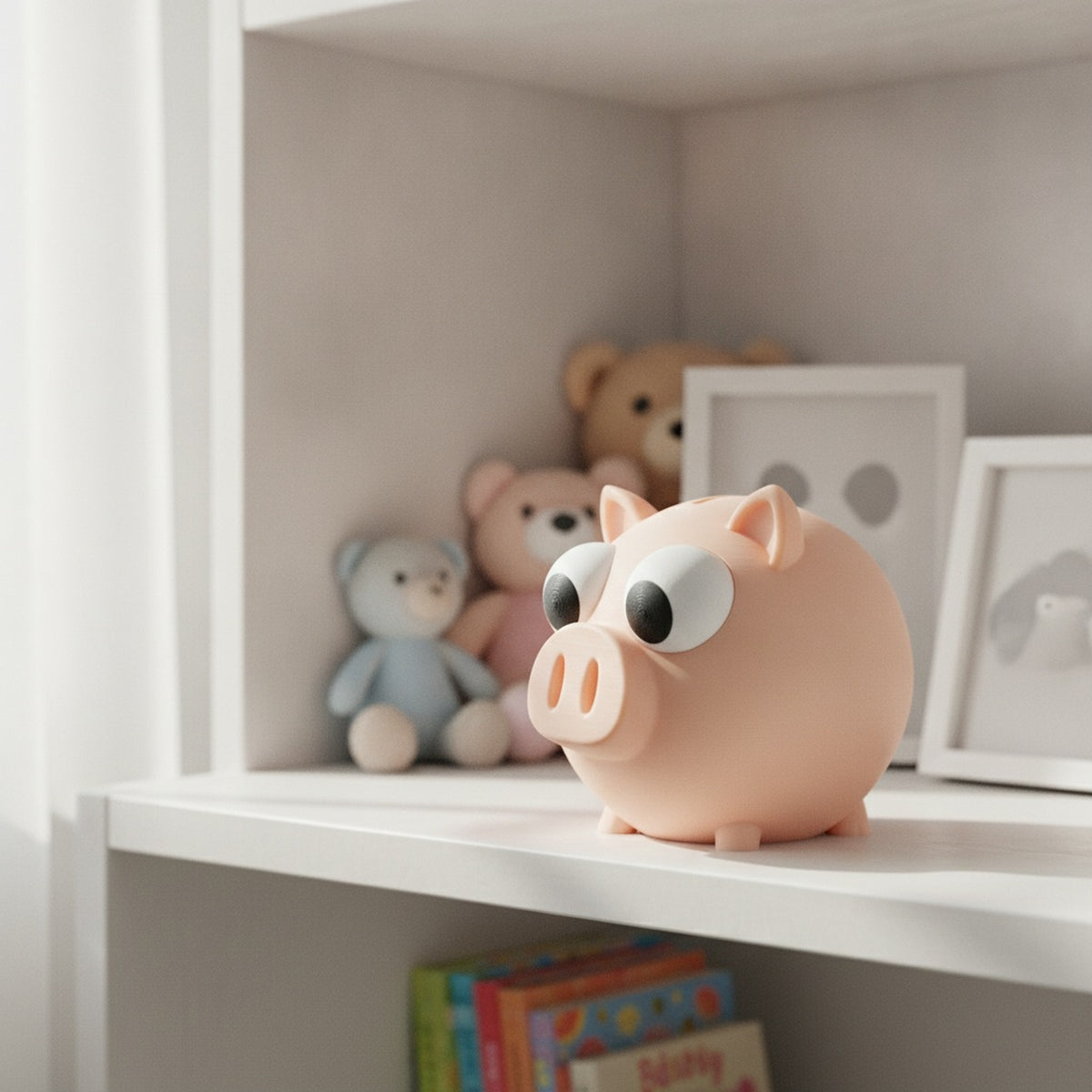 Rosa Sparschwein schräg von vorne links, auf hellem Kinderzimmer-Regal mit Bilderrahmen und Kuscheltieren im Hintergrund