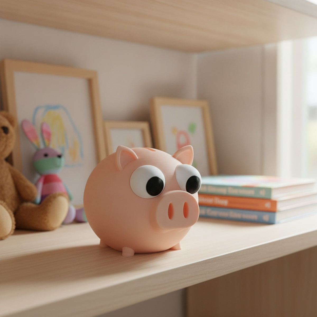 Rosa Sparschwein mit großen Kulleraugen, Frontalansicht auf hellem Kinderzimmer-Regal mit Bilderrahmen und Kuscheltieren im Hintergrund