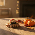 Chibi-Spinnen-Schlüsselanhänger Terror-antula in Beige mit roter Rückenzeichnung auf rustikalem Holztisch, herbstliche Halloween-Deko mit Kürbissen und warmer Lichterkette im Hintergrund, Frontalansicht.