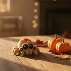 Chibi-Spinnen-Schlüsselanhänger Terror-antula in Beige mit roter Rückenzeichnung auf rustikalem Holztisch, herbstliche Halloween-Deko mit Kürbissen und warmer Lichterkette im Hintergrund, Frontalansicht.