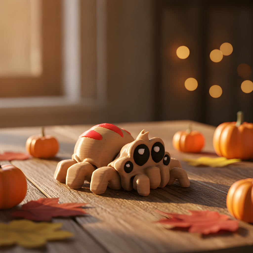 Spinnen-Schlüsselanhänger von der Seite auf Holztisch, acht Beinchen und rote Rückenmusterung sichtbar, herbstliche Deko mit Kürbissen im Hintergrund.