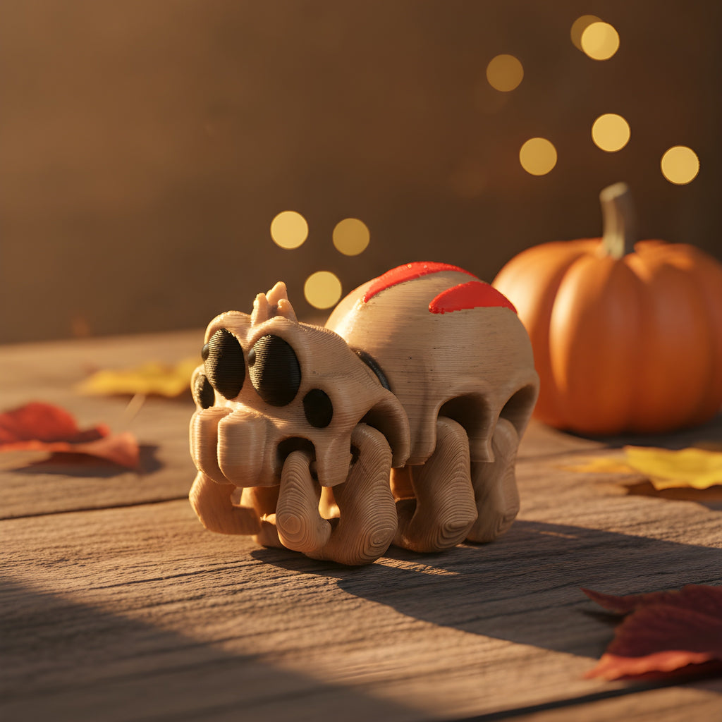 Chibi-Spinnen-Figur aus 3D-Druck in Nahaufnahme mit großen Kulleraugen und acht ausgestellten Beinchen auf Holztisch, Kürbis und Herbstlaub im Hintergrund.