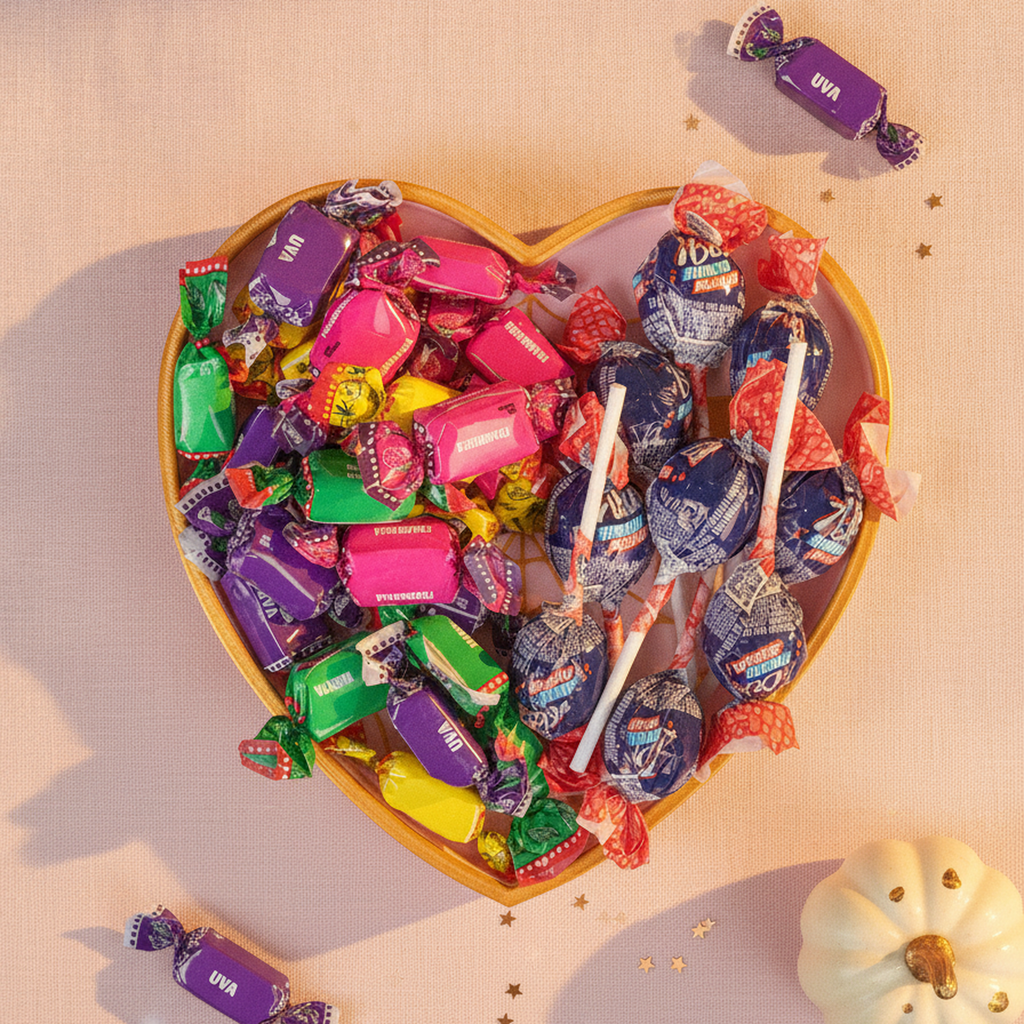 Rosa-goldene Spinnennetz-Herz-Schale gefüllt mit bunt verpackten Bonbons und Lutschern, Draufsicht auf rosa Untergrund mit goldenem Konfetti und Mini-Kürbis