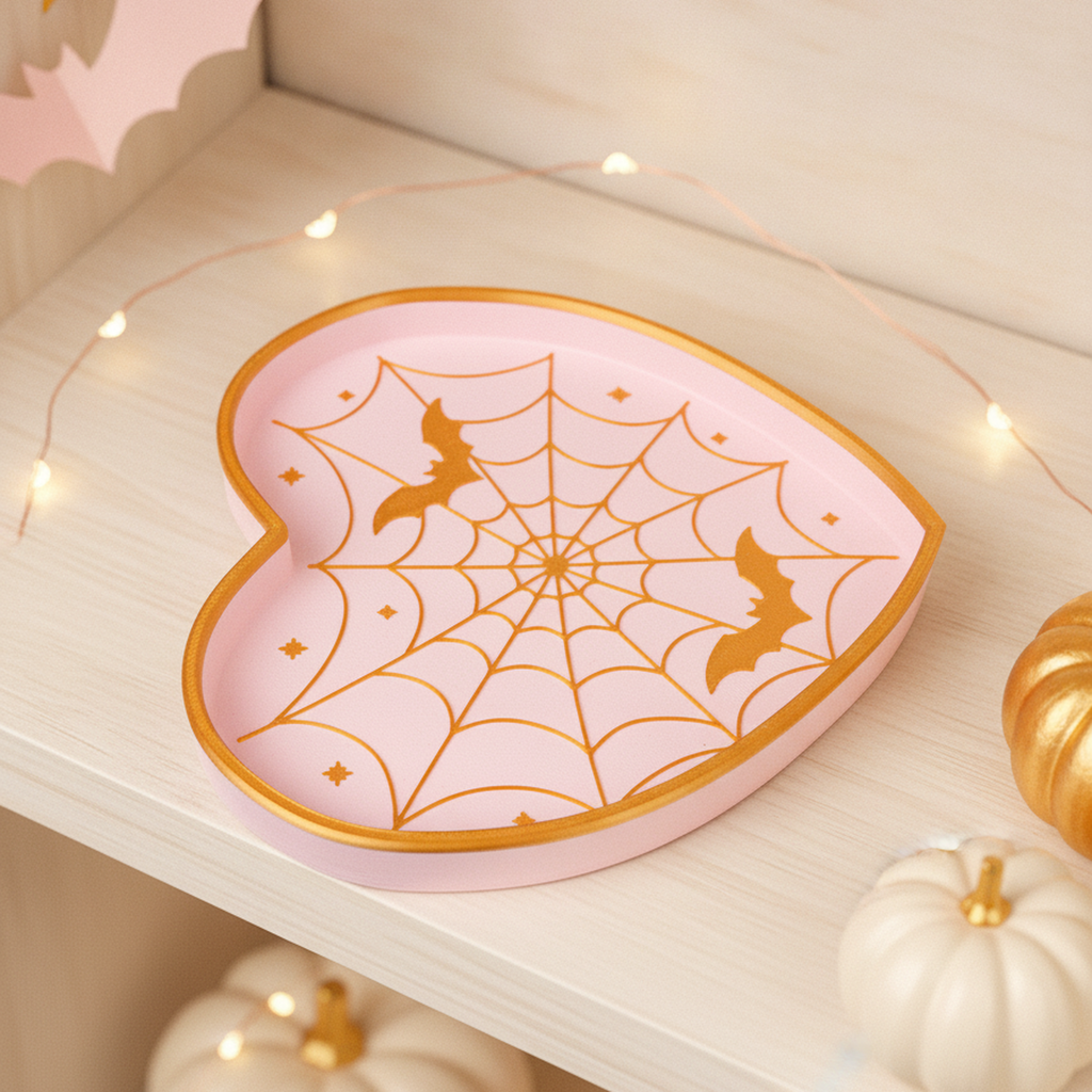 Spinnennetz-Herz-Schale in Rosa-Gold auf einem cremefarbenen Holzregal zwischen Mini-Kürbissen, Lichterkette und pastellfarbenen Papier-Fledermäusen