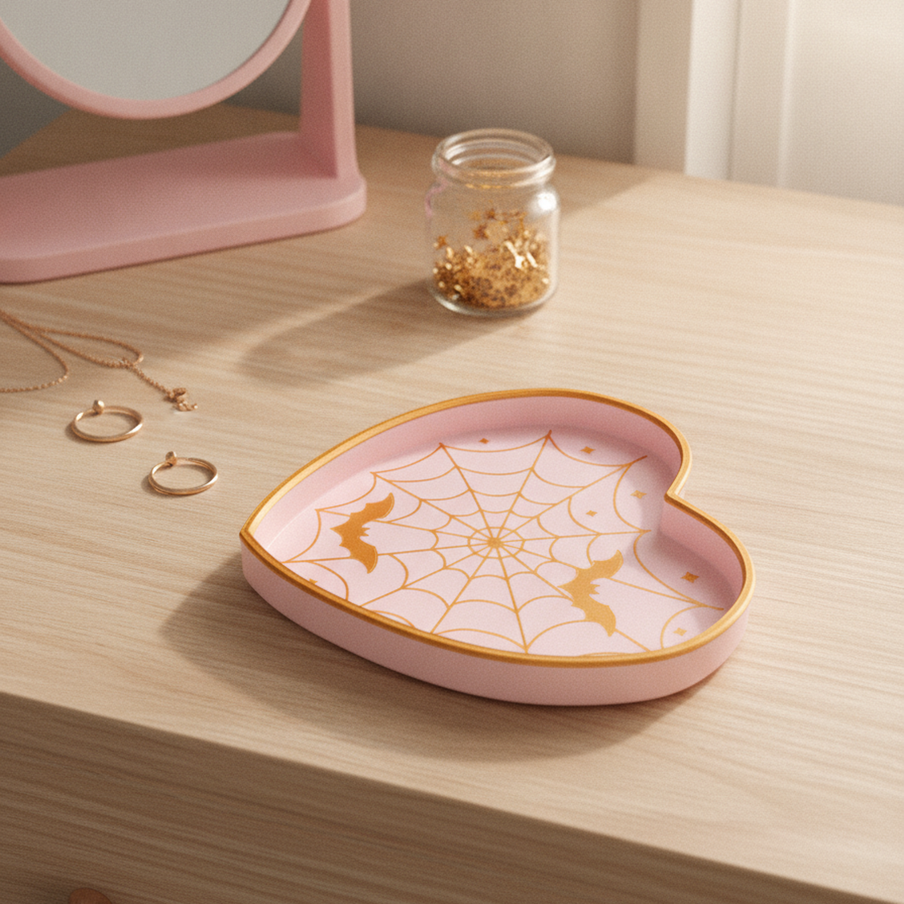 Spinnennetz-Herz-Schale in Rosa-Gold auf einer hellen Kommode neben goldenen Ohrringen, einem Ring und einer Halskette, im Hintergrund ein rosa Spiegel