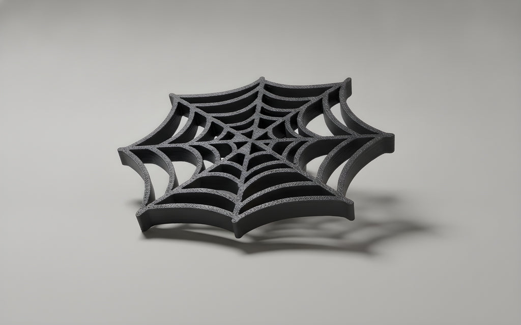 Spinnennetz-Möbelknopf mit filigranem Netzmuster, Studiofoto auf grauem Hintergrund