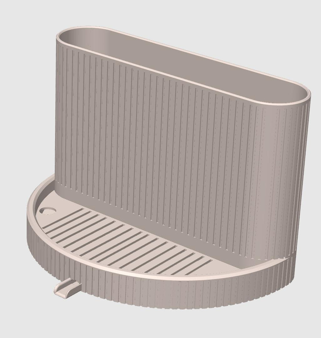 3D-Rendering des leeren Spülbecken-Organizers in Beige: hohes ovales Fach mit geriffelter Außenstruktur, runde Basis mit gerillter Ablagefläche und kleinem Ablauf an der Vorderkante.