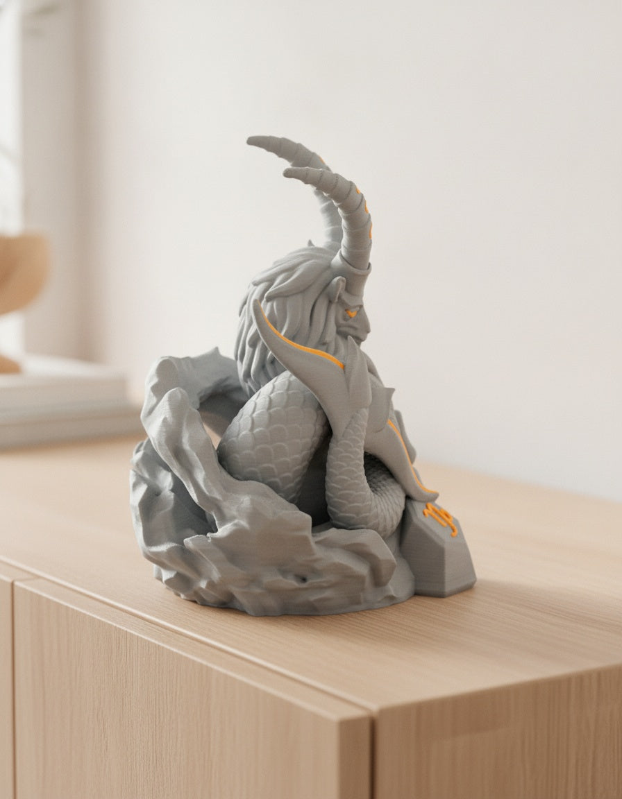 Grauer Steinbock-Skulptur, seitliches Profil mit erhobenem Kopf und Fischschwanz, auf hellem Holzsideboard mit unscharfem Hintergrund