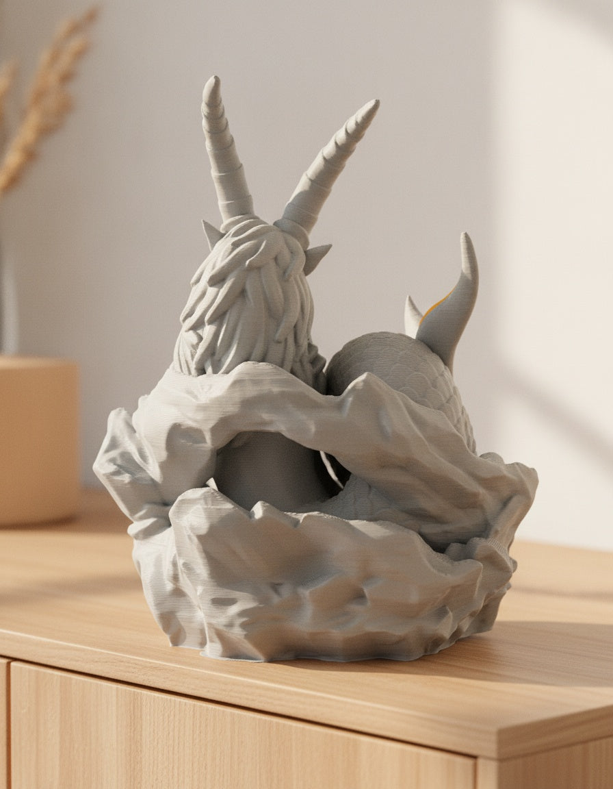 Grauer Steinbock-Skulptur von hinten mit imposanten Hörnern, auf hellem Holzsideboard mit unscharfem Hintergrund
