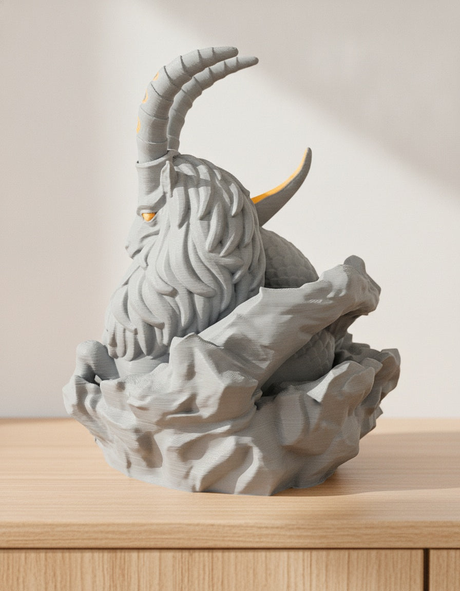Grauer Steinbock-Skulptur, Dreiviertelansicht mit Blick auf Kopf und Hörner, auf hellem Holzsideboard mit unscharfem Hintergrund